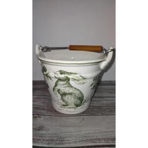 Maxcera Corp Green and White Toile 7" Handled Ceramic Basket